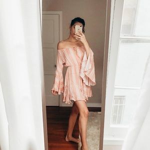 Off the shoulder pink and white romper